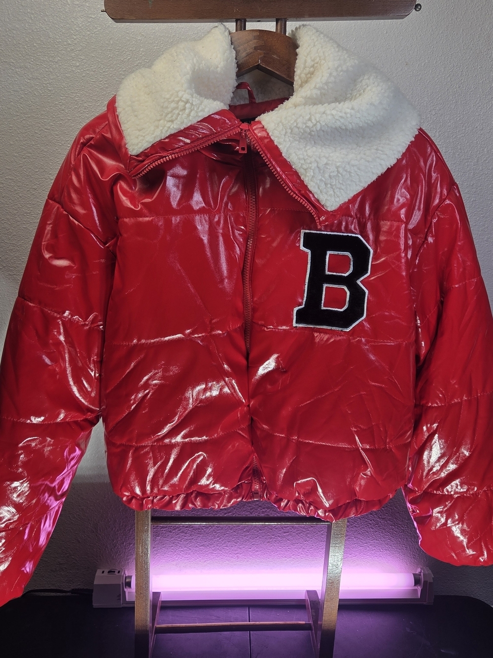 Red Sherpa Collar Puffer Jacket with 'B' Patch
